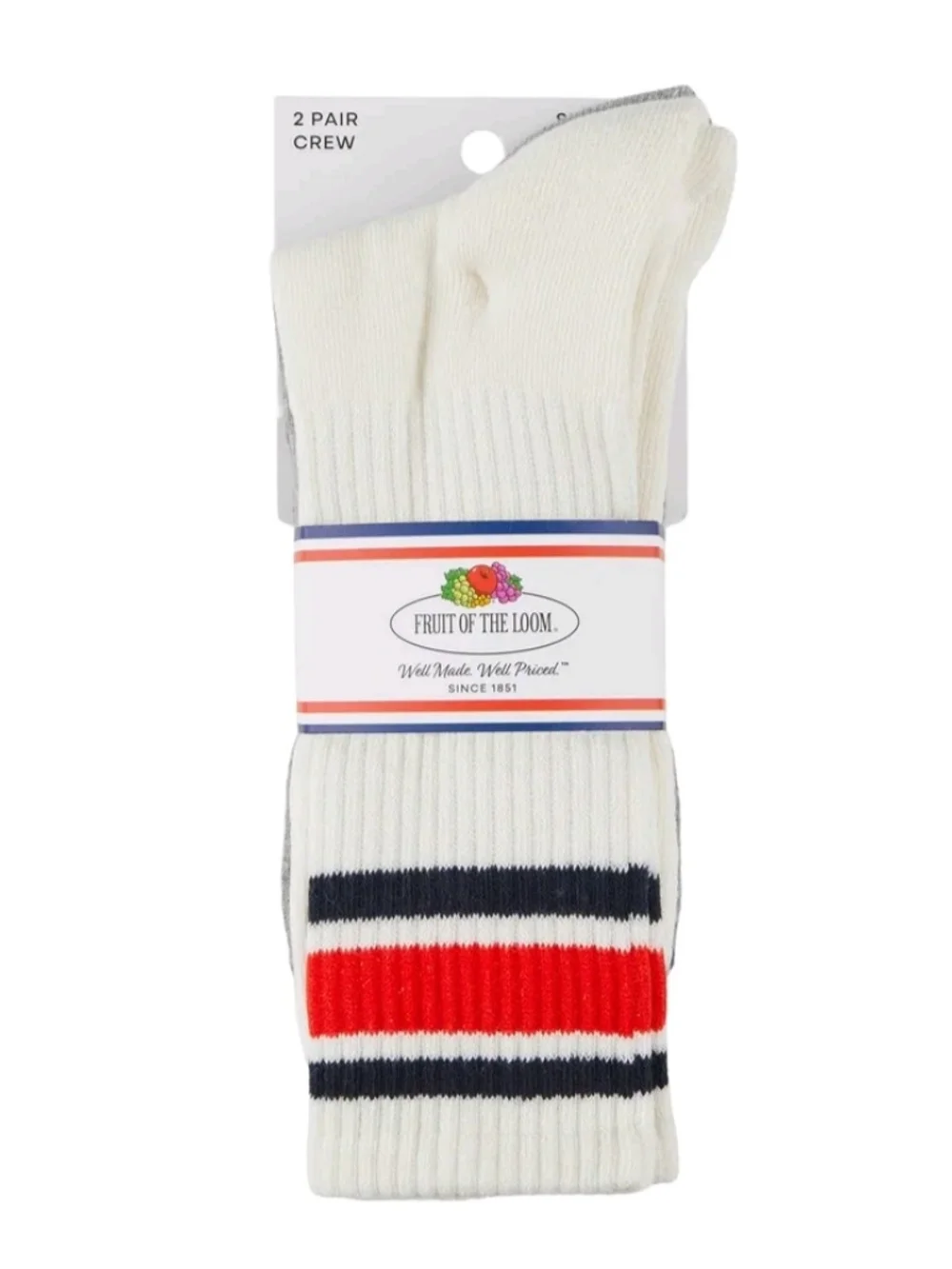 Fruit of the Loom Men’s Cream Crew Socks with Red & Navy Stripes - 2 Pair